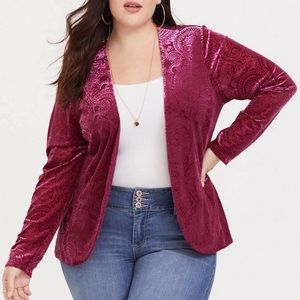Torrid Burnout Velvet Embossed Blazer Jacket Pockets Beet Red Pink Large